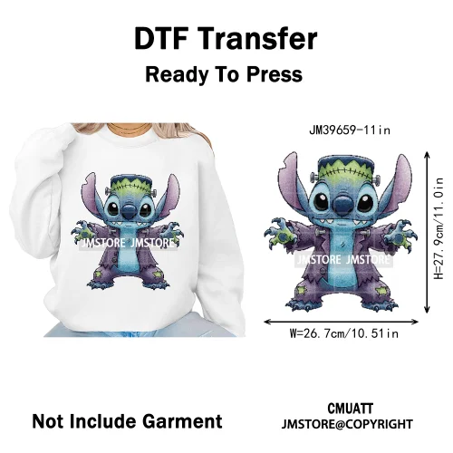 Spooky Scary Cute Cartoon Blue Animal Halloween Horror Vibes Iron on DTF Washable Transfers Stickers Ready to Press for Clothing