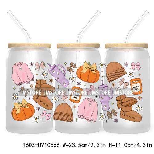 Fall Iced Coffee Cup Pumpkin Spice 16OZ UV DTF Cup Wrap Transfer Stickers Custom Labels For Libbey Glass Can Autumn Lover Gift