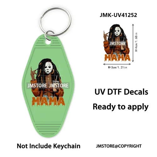 Black Girl Halloween Spooky Horror Mama UV DTF Motel Keychain Wraps Ready To Apply Waterproof High Quality Hotel Keychain Decals