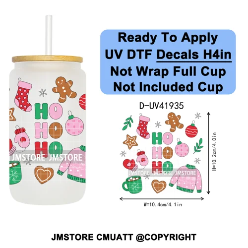 Christmas Santa Claus Patchwork UV DTF Decals Ready To Apply Waterproof Transfer Stickers DIY Crafts For 16OZ Libbey Glass Can