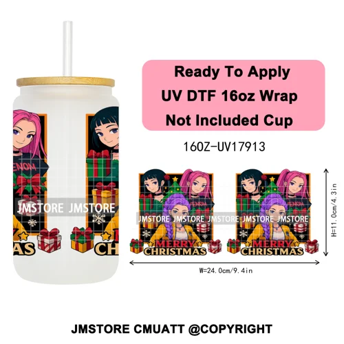 Merry Christmas Kpop Movie Character Anime Girl UV DTF Stickers Ready To Apply Cup Wrap High Quality For 16OZ Libbey Can Glass