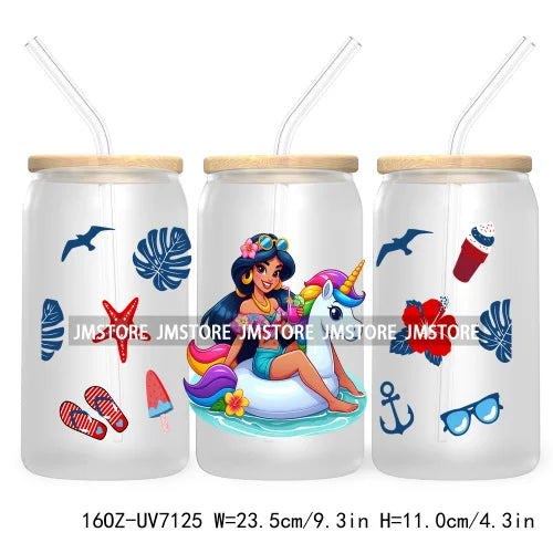 Cartoon Princess's Summer Vacation 16OZ UV DTF Cup Wrap Transfers Stickers For Libbey Glass Can Cups Tumbler Waterproof Craft