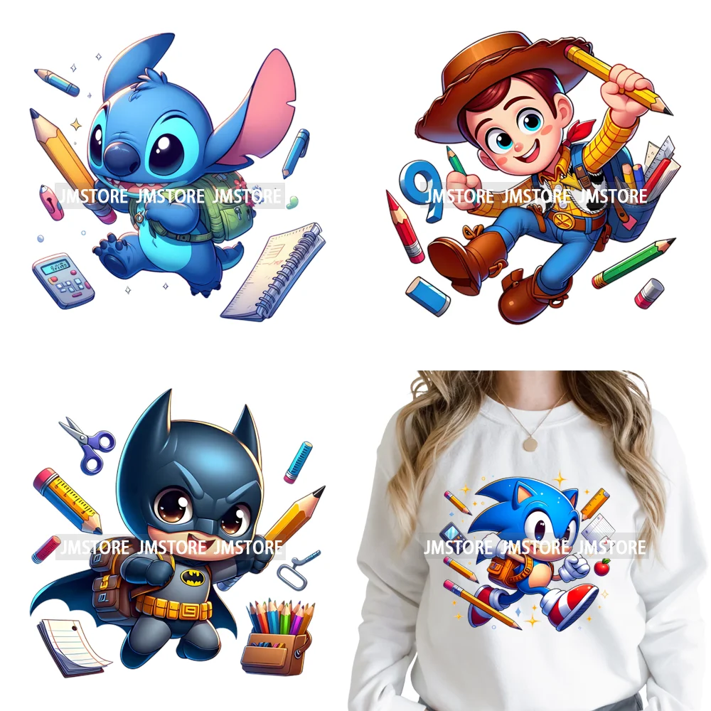 Cartoon Character Back To School Book Teacher School Friends Iron on DTF Washable Transfers Stickers Ready to Press for Textile