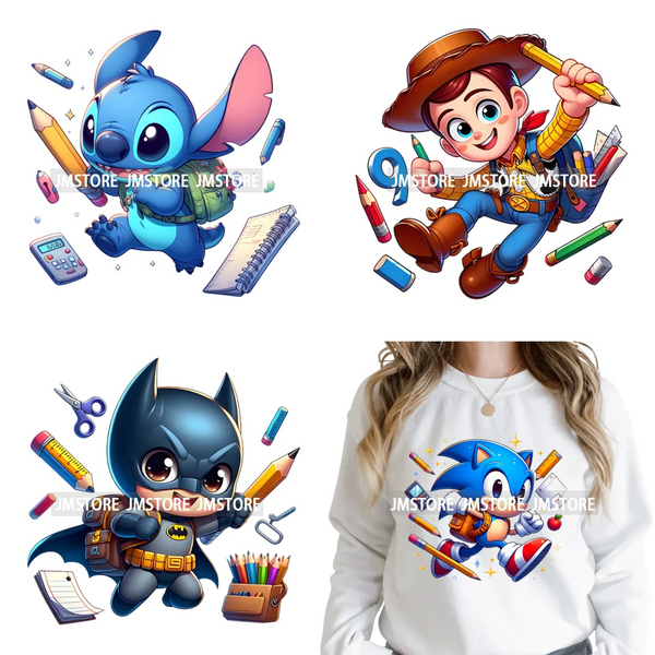 Cartoon Character Back To School Book Teacher School Friends Iron on DTF Washable Transfers Stickers Ready to Press for Textile