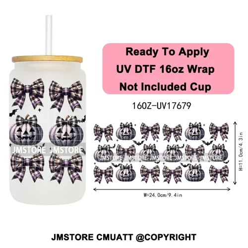 Halloween Fall Autumn Pumpkins Coquette Leopard Bow UV DTF Cup Wrap 16OZ Ready To Apply Transfer Stickers For Libbey Glass Can
