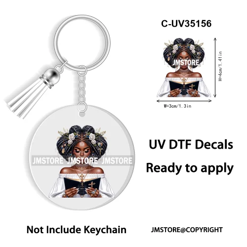 Christian Jesus God Pray Afro Girl UV DTF Decal Round Keychain Ready To Apply WaterProof Transfer Stickers For Circle Keychain