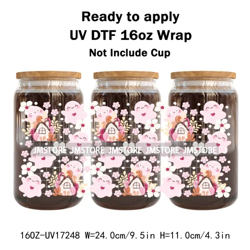 Floral Ghost Coquette Halloween Cherry Lip 16OZ UV DTF Cup Wraps Ready To Apply Waterproof Transfer Sticker For Libbey Glass Can