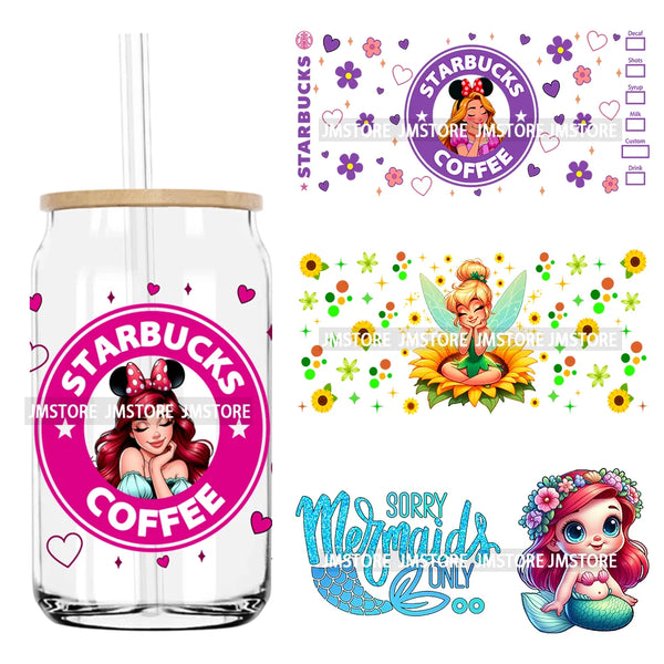 Cartoon Princess Coffee UV DTF Sticker For 16OZ Libbey Glass Cup Can Wrap Transfer Sticker Custom Print DIY Logo Magical Kingdom