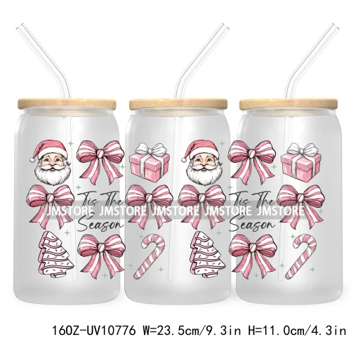 Christmas Highland Cow Coquette Bow 16OZ UV DTF Cup Wrap Waterproof Transfer Stickers For Libbey Glass Can Christmas Gingerbread