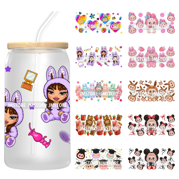 Coquette Bow Kids Cartoon Doll Characters UV DTF Cup Wraps Ready To Apply Waterproof Transfer Stickers For 16OZ Libbey Glass Can