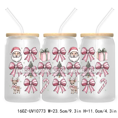 Christmas Highland Cow Coquette Bow 16OZ UV DTF Cup Wrap Waterproof Transfer Stickers For Libbey Glass Can Christmas Gingerbread