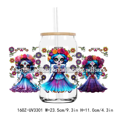 Day Of The Dead Mexican Chingona Lady Skull UV DTF Sticker For 16OZ Libbey Glass Cup Can Wrap Transfer Stickers DIY Custom Label