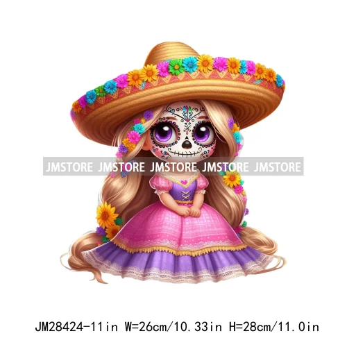 Colorful Day Of The Dead Catrina Princess Baby Girl Sombrero Hat Mexico Conchas Iron On DTF Heat Transfers Stickers For Clothing