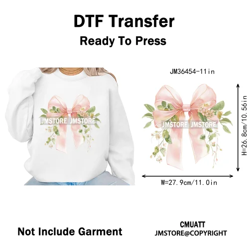Pink Bow Silk Wedding Coquette Girl Ribbon Tied Printing Iron on DTF Thermal Transfers Stickers Ready to Press for Clothing Bags