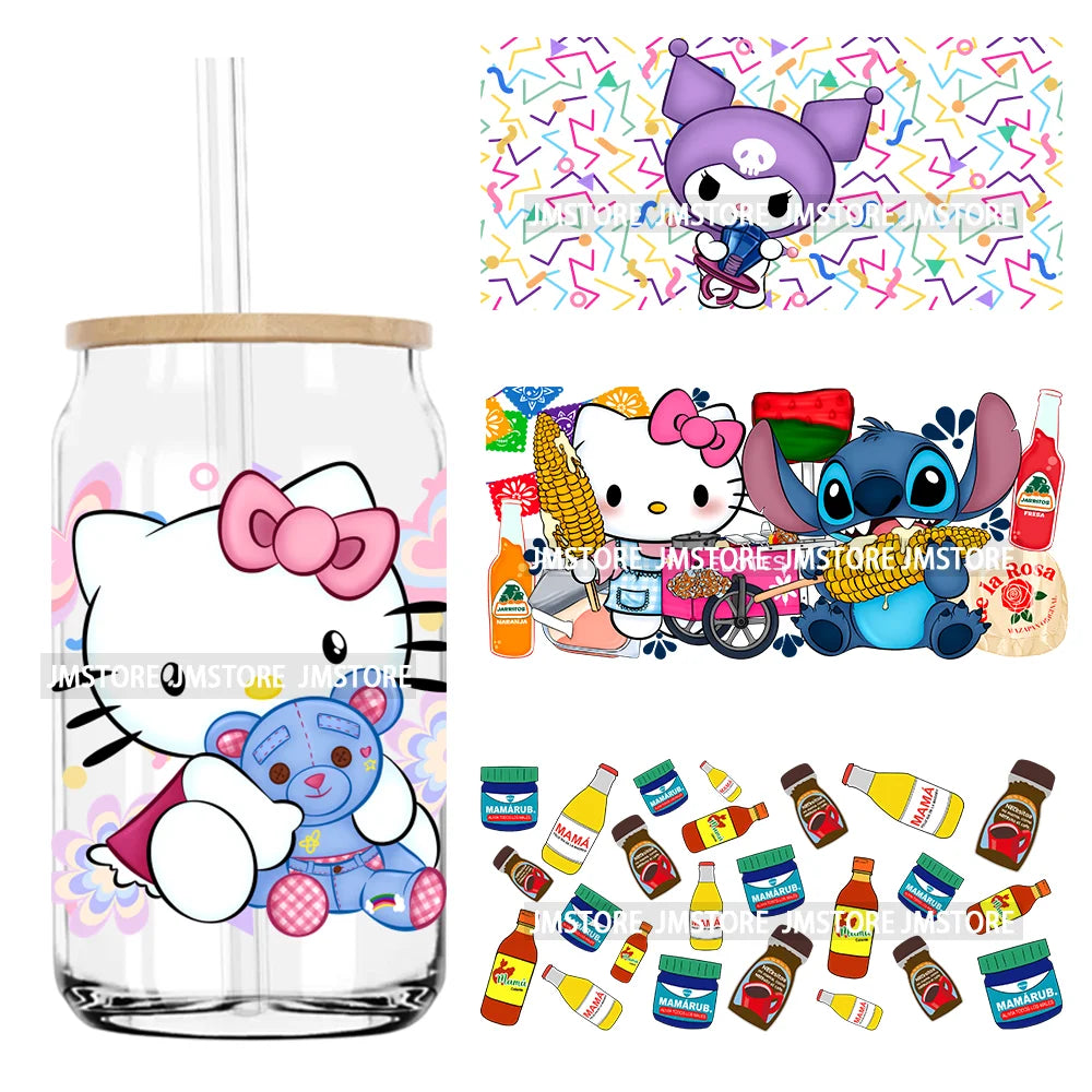 Cartoon Cat Mexican Snacks 16OZ UV DTF Cup Wrap Transfers Stickers Custom Labels Durable Waterproof Logo For Libbey Glass Can