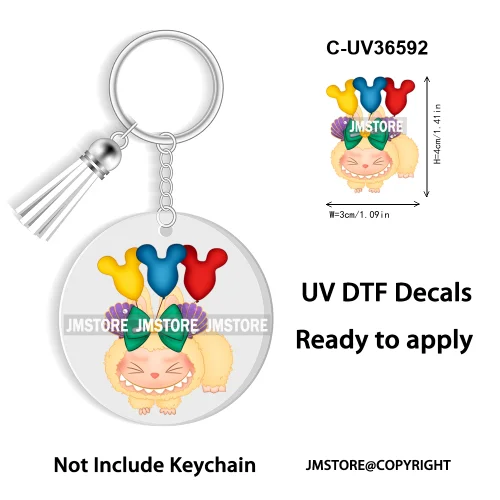 Coquette Bow Cartoon Monsters Doll In Costume Decal Round Keychain Ready To Apply UV DTF Transfer Stickers For Circle Keychain