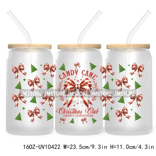 Christmas Girly Coquette Bow 16OZ UV DTF Cup Wrap Transfer Stickers Custom Labels For Libbey Glass Can Candy Cane Tis The Season