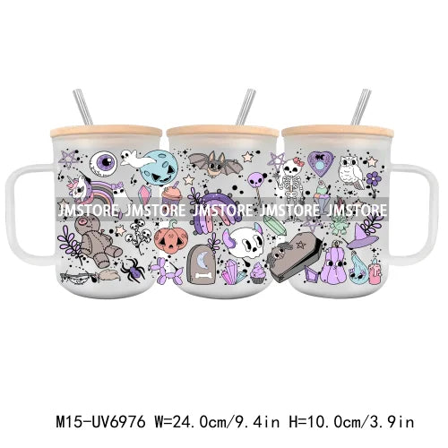 Horror Halloween Cartoon Scary Movie UV DTF Glass Can Wrap For 15OZ Mug Coffee Cup Transfer Sticker DIY Custom Logo Labels Skull