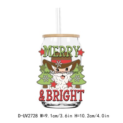 Merry And Bright Christmas Season UV DTF Transfers Stickers Decals For Libbey Cold Cups Mugs Tumbler Waterproof DIY Craft
