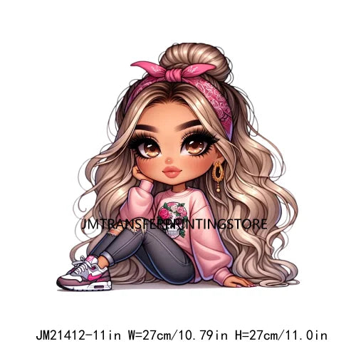 Pink Bow Long Hair Chibi Cute Chicana Doll Girls With Earing Washable Iron On DTF Transfers Stickers Designs For Sweatshirt