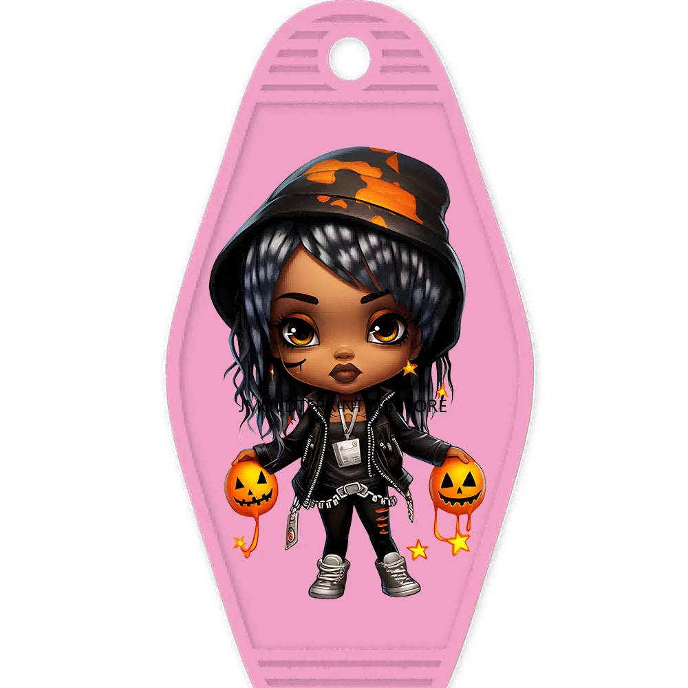 Halloween Pumpkin Cute Afro Girls High Quality WaterProof UV DTF Sticker For Motel Hotel Keychain Festival Gifts