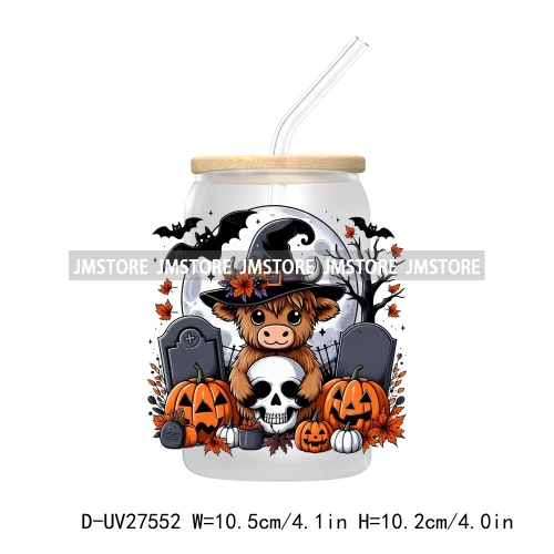 Cartoon Halloween Highland Cow UV DTF Transfer Stickers Decals For Libbey Cold Cups Mug Tumbler High Quality Labels Spooky Skull