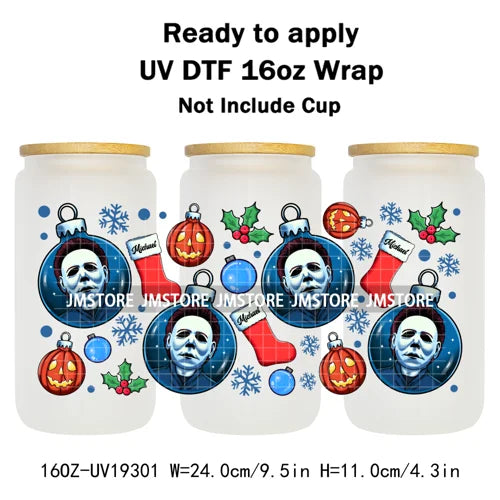 Horror Killers Christmas Ball Stocking Season UV DTF Wraps Transfer Stickers Ready To Apply Waterproof For 16OZ Libbey Glass Can