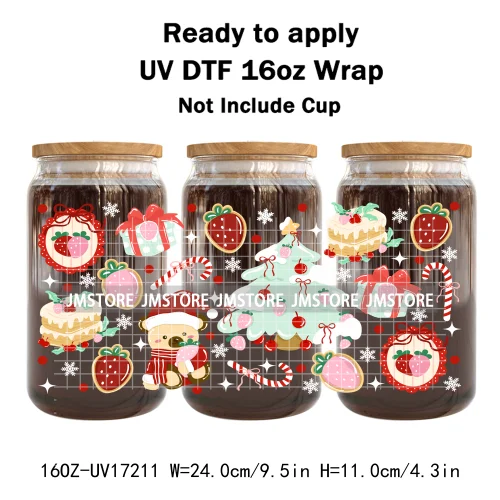 Cute Christmas Ghost Coquette Strawberry Cake UV DTF Stickers Ready To Transfer Cup Wrap Waterproof Logo For Libbey Can Glass