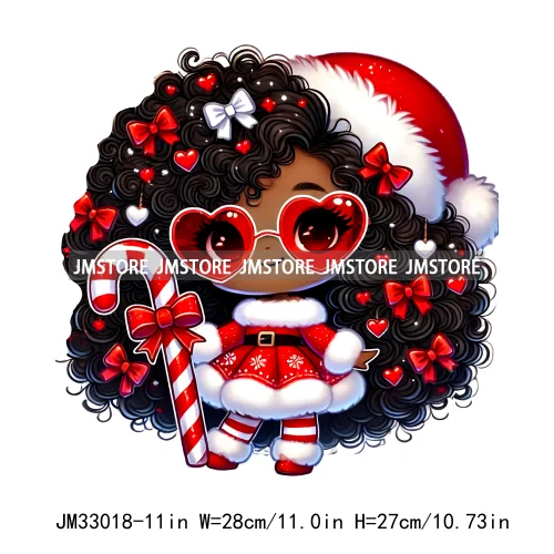 Fashion Black Santa Girls Candy Cane Afro Kids Christmas Season Iron On DTF Transfers Stickers Ready To Press For Sweatshirts