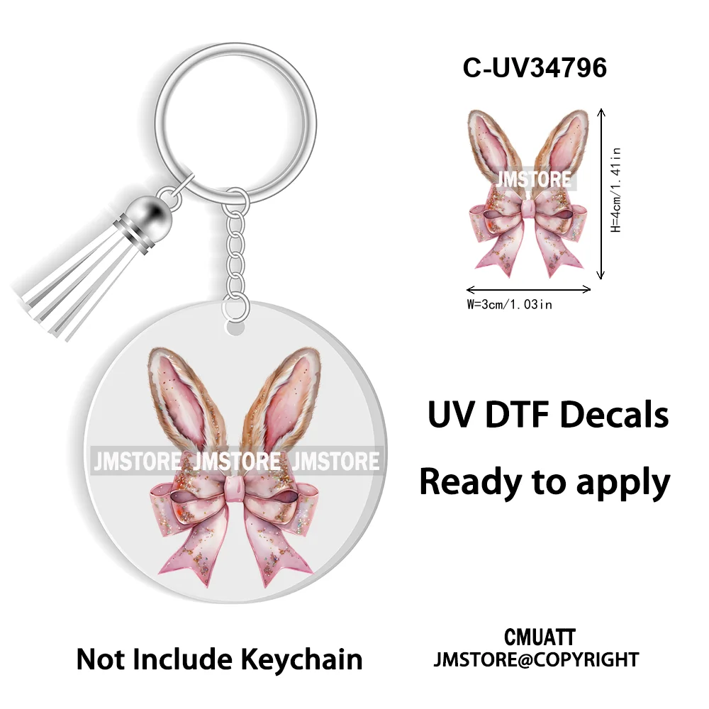 Faux Sequin Glitter Happy Easter Bow Retro Easter Bunny Blowing Bubble UV DTF Stickers for Round Circle Acrylic Keychain Keyring