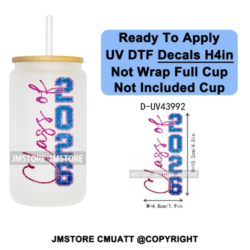 Faux Glitter Senior 2026 School UV DTF Decals Ready To Apply Waterproof Transfer Stickers DIY Crafts For 16OZ Libbey Glass Can