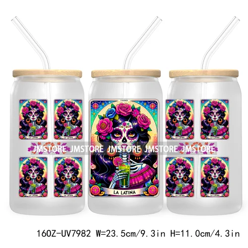 Funny Tarot Card UV DTF Sticker For 16OZ Libbey Glass Cup Can Wrap Transfer Sticker Custom Label DIY Logo Mexican Skeleton Skull