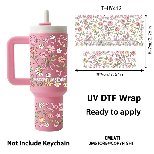 Coquette Bow Floral Seamless Book Lover Ribbon UV DTF Wraps Ready To Use Transfer Stickers Waterproof For Mini Tumbler Keychain