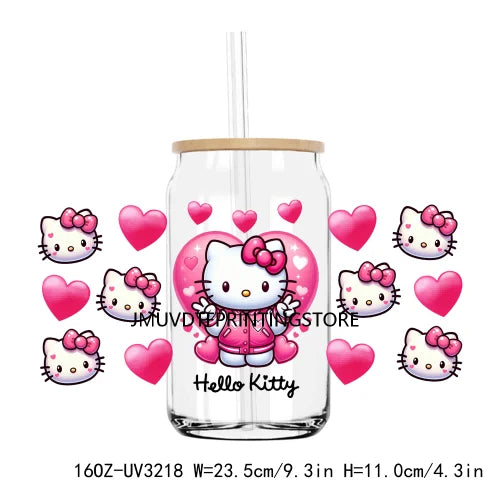 Cartoon Hello Girl Cat Valentine's Day UV DTF Sticker For 16OZ Libbey Glass Cup Can Wrap Transfer Sticker Custom Labels DIY Logo