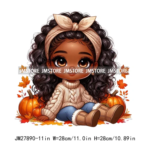 New Autumn Chibi Black Baby Girls Cartoon Afro Princess Pumpkin Fall Season DTF Iron On Heat Press Transfer Stickers For Hoodies