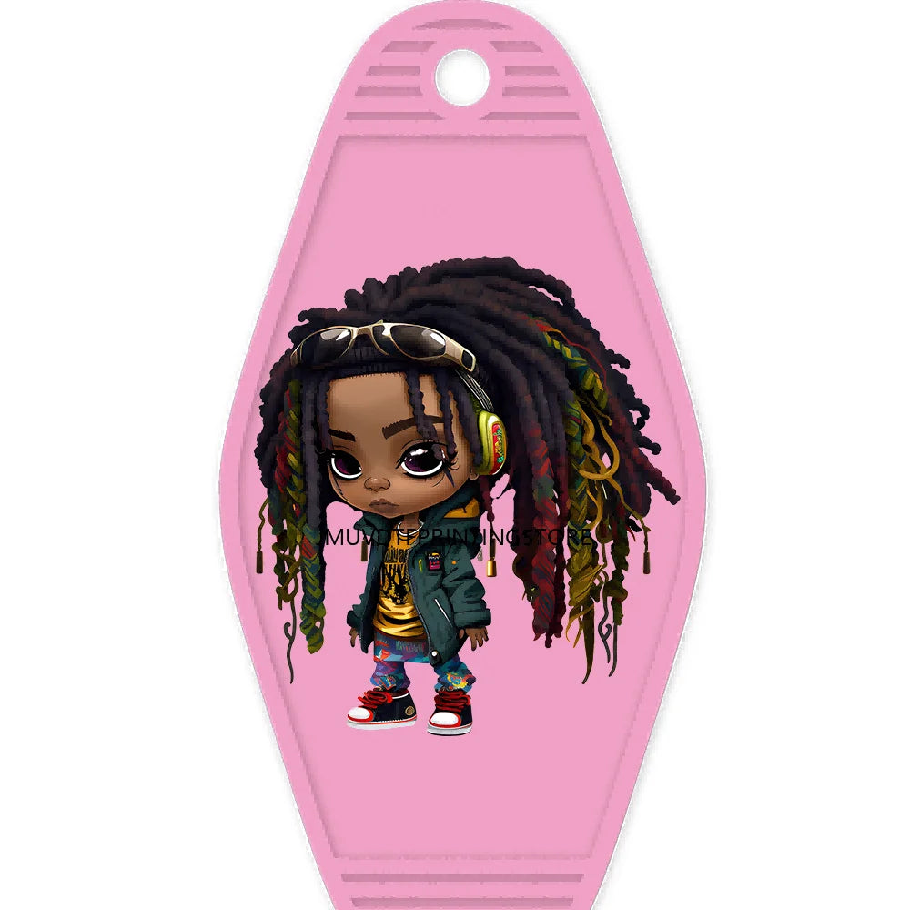 Cool Dreadlock Afro Girl High Quality WaterProof UV DTF Sticker For Motel Hotel Keychain Black Hip Hop Kids