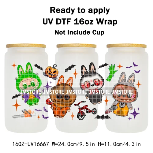 Laboo Cartoon Horror Halloween Characters 16OZ UV DTF Cup Wraps Ready To Apply Waterproof Transfer Stickers For Libbey Glass Can