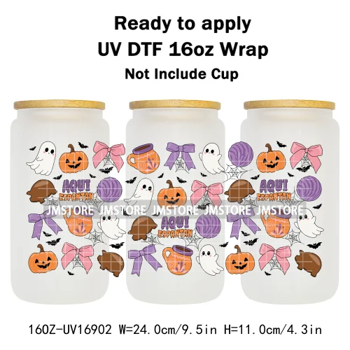 Spooky Season Halloween Pumpkin Ghost Witch Dogs UV DTF Wraps Transfer Sticker Selfadhesive Waterproof For 16OZ Libbey Glass Can