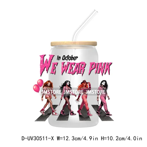 In October We Wear Pink UV DTF Transfers Stickers Decals For Libbey Cold Cups Mugs Tumbler Waterproof Craft Horror Movie Sisters