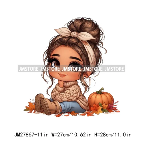 Cute Autumn Pumpkins Fall Vibes Laina Baby Hispanic Chibi Girls Logos DTF Iron On Transfer Stickers Ready To Press For T-shirts