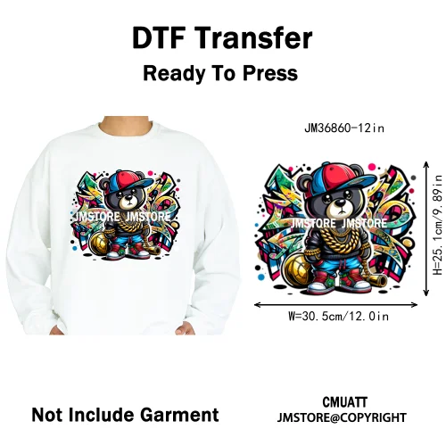 12in Hip Hop Vibes Urban Style Rich Bear With Gold Chains King Animal Iron on DTF Transfers Stickers Ready to Press for Textile