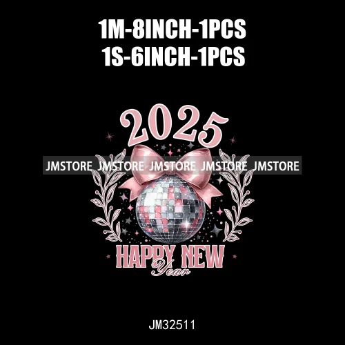 Pink Cheer New Year Eve 2025 Disco Ball Coquette Bow Christmas Party Iron On DTF Transfer ticker Ready To Press For Sweatshirt