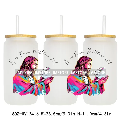 He Is Risen Christian Easter 16OZ UV Cup Wrap DTF Transfer Stickers For Libbey Glass Can Cups Tumbler Girly Happy Easter Bunny