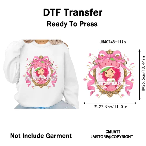 Sweet Strawberry Friends 80s Girl Cartoon Pink Coquette Bows Iron on DTF Washable Transfers Stickers Ready to Press for Clothing
