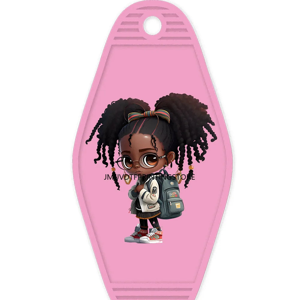 School Melanin Black Girls With Luggage High Quality WaterProof UV DTF Sticker For Motel Hotel Keychain Afro Children