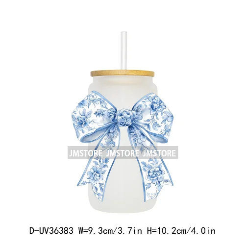 Blue Chinoiserie Coquette Bow UV Sticker Decals For Libbey Cold Cups Mug Tumbler Transfer Stickers Waterproof Top Quality Prints