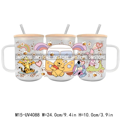 Cartoon Best Friends UV DTF Glass Can Wrap For 15OZ Mug Glass Cup Transfer Stickers DIY Custom Logo Labels Cute Cat Sunflowers