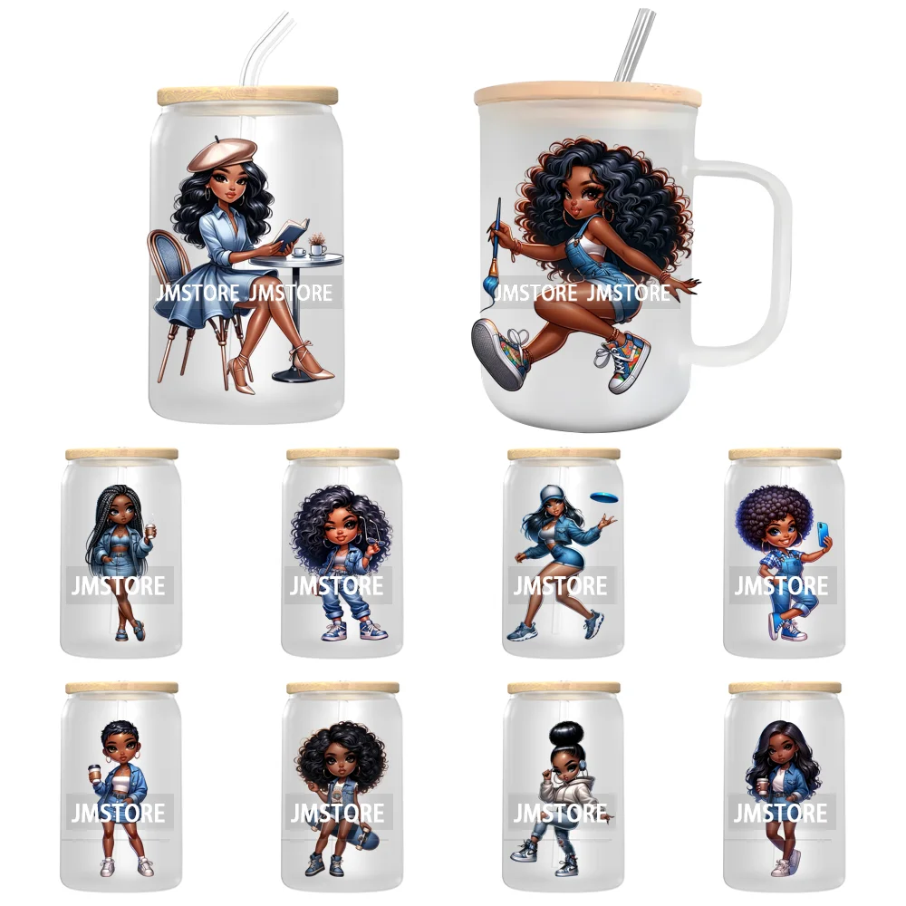 Fashion Black Chibi Denim Girl UV DTF Transfer Stickers Decals Ready To Apply Waterproof For 16OZ Libbey Glass Can Cup Tumbler
