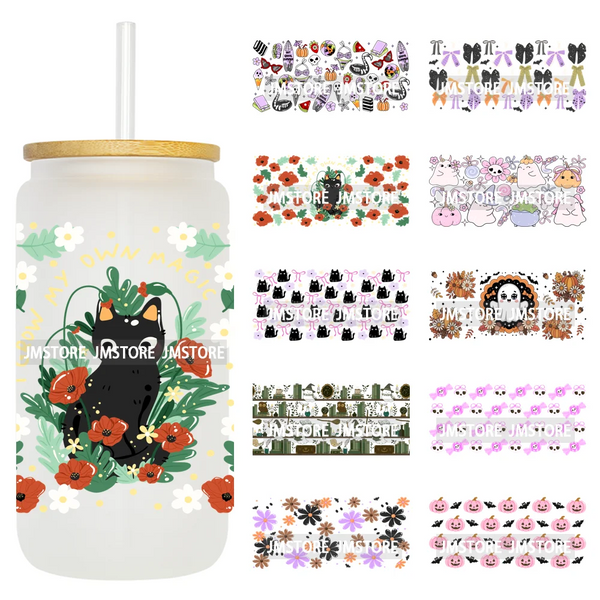 Cute Halloween Ghost Black Cat UV DTF Wraps Transfer Sticker Selfadhesive Waterproof Prints For 16OZ Libbey Glass Can Tumbler