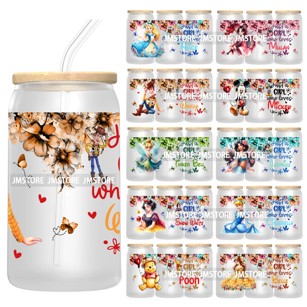 Just A Girl Who Loves Cartoon Princess 16OZ UV Cup Wrap DTF Transfer Stickers For Libbey Glass Can Cups Tumbler Waterproof Label